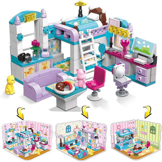 Girl's Dream Home Building Blocks Kit Educational Toy, Build Girl's Bedroom or Living Room or Kitchen, 3 Building Methods (194 Pieces) (Multicolor)