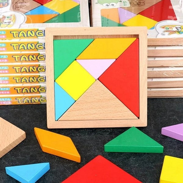 Extrokids Wooden Tangram 7 Piece Jigsaw Puzzle Colorful Square IQ Game Brain Teaser Intelligent Educational Puzzle - EKT1420
