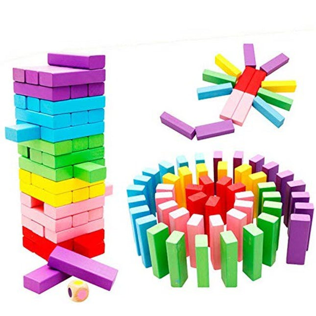 48 pcs Wooden Blocks - Tumbling Tower Toys with Dices - Stacking & Balancing Games - mini jenga blo