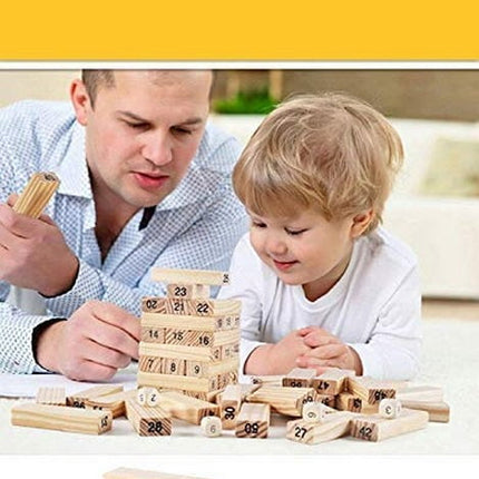 Puzzle Stacking Game Tumbling Tower Numbered Wooden Jenga Blocks with 4 Dices (22.5 x 6.7 x 6.7 cm, 51 Pi