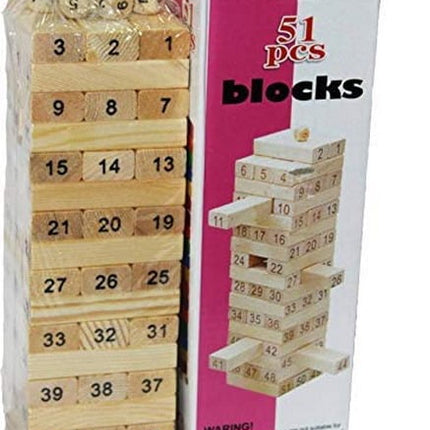 Puzzle Stacking Game Tumbling Tower Numbered Wooden Jenga Blocks with 4 Dices (22.5 x 6.7 x 6.7 cm, 51 Pi