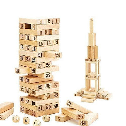 Puzzle Stacking Game Tumbling Tower Numbered Wooden Jenga Blocks with 4 Dices (22.5 x 6.7 x 6.7 cm, 51 Pi