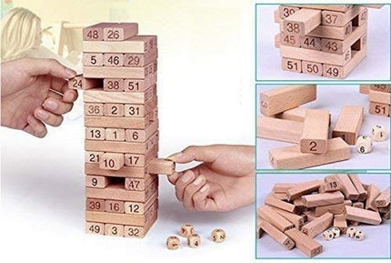 Puzzle Stacking Game Tumbling Tower Numbered Wooden Jenga Blocks with 4 Dices (22.5 x 6.7 x 6.7 cm, 51 Pi