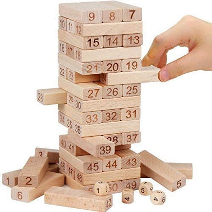 Puzzle Stacking Game Tumbling Tower Numbered Wooden Jenga Blocks with 4 Dices (22.5 x 6.7 x 6.7 cm, 51 Pi