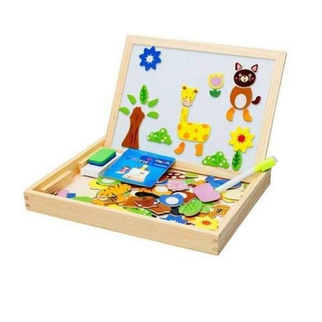 2 in 1 Magnetic Wooden Puzzle Educational Learning Game Toy with Writing & Drawing Board for Kids -