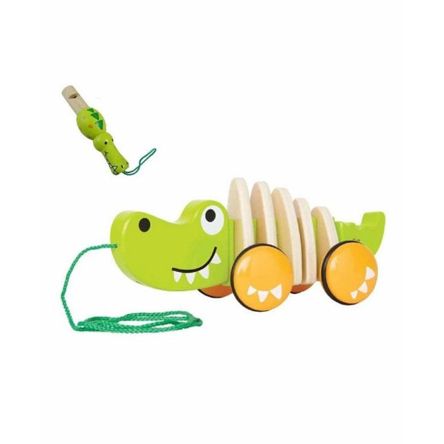 Wooden Crocodile Pull Along Toy with Whistle (Color May Vary) - EKT1476