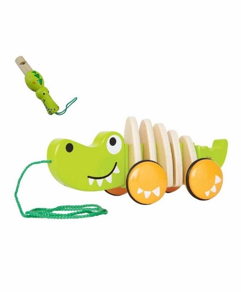 Wooden Crocodile Pull Along Toy with Whistle (Color May Vary) - EKT1476