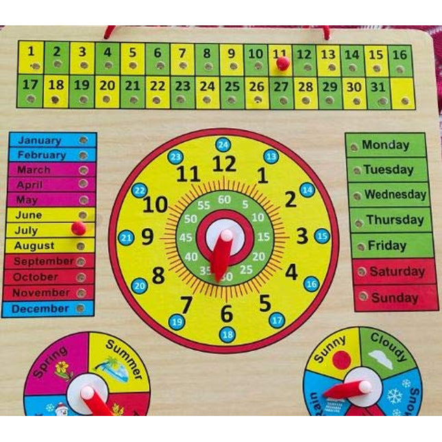 Extrokids Wooden Multifunctional Learning Clock, Calendar, Days, Months, Weather, Seasons,Toy for Kids with Pins EK1513