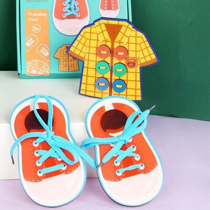 Extrokids Wooden Boy Wear Shoes With Sewing Shirt Button Toy Childrens Early Educational Thread Toy