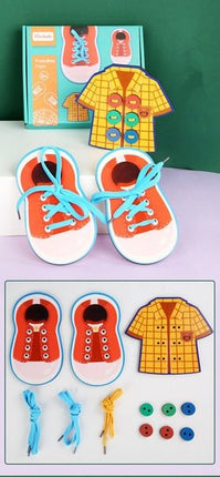 Extrokids Wooden Boy Wear Shoes With Sewing Shirt Button Toy Childrens Early Educational Thread Toy