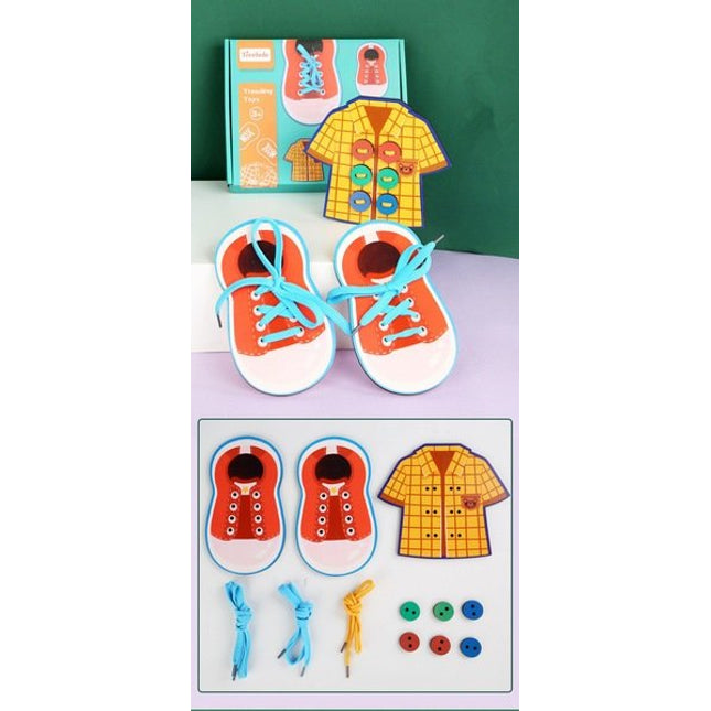 Extrokids Wooden Boy Wear Shoes With Sewing Shirt Button Toy Childrens Early Educational Thread Toy