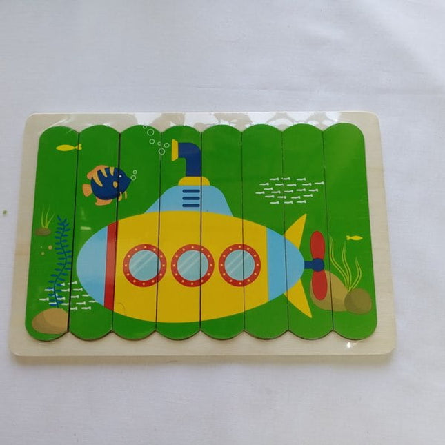 Extrokids Wooden Double Sided 8 Pcs Stick Puzzle Submarine With School Bus Montessori toy - Green