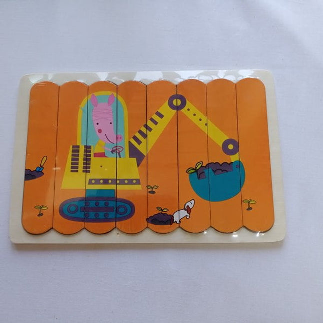 Extrokids Wooden Double Sided 8 Pcs Stick Puzzle Excavator With Cow Montessori toy - Orange - EKT1541