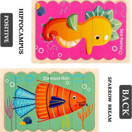 Extrokids Wooden Double Sided 8Pc Stick Puzzle Damsel Fish With Sea Horse - EKT1632