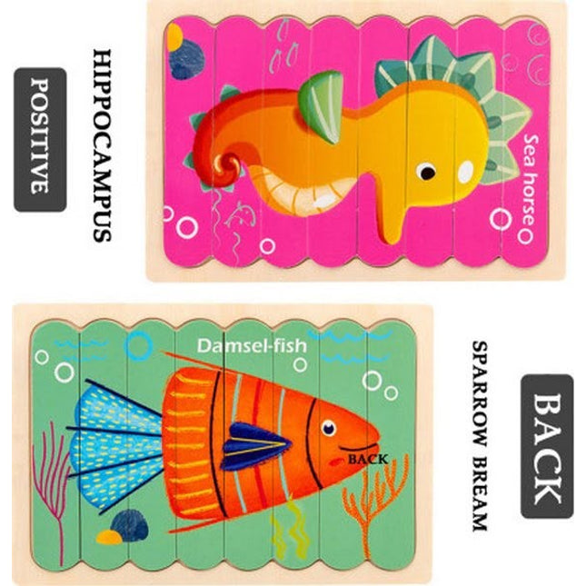 Extrokids Wooden Double Sided 8Pc Stick Puzzle Damsel Fish With Sea Horse - EKT1632