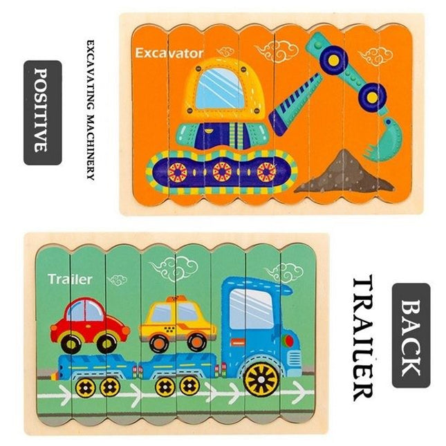 Extrokids Wooden Double Sided 8Pc Stick Puzzle Trailer With Excavator - EK1633