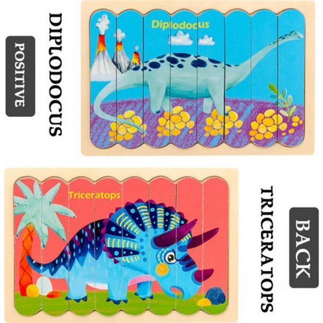 Extrokids Wooden Double Sided 8Pc Stick Puzzle Diplodocus With Triceratops - EK1636