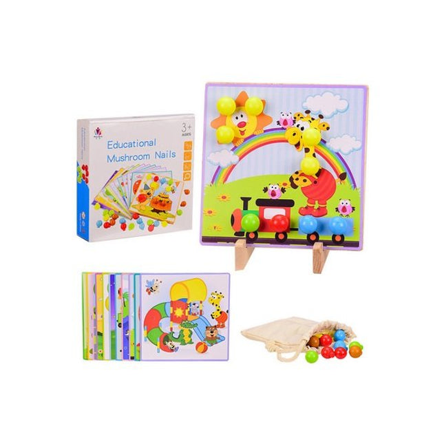 Extrokids Wooden Montessori Toys with Puzzle Cards Educational Mushroom Nails - EKT1696