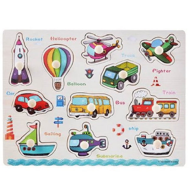 Extrokids Wooden Montessori Puzzle Hand Grab Board With Cartoon Vehicle - EK1727