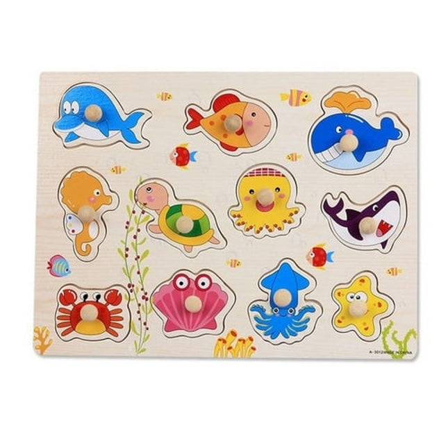 Extrokids Wooden Montessori Puzzle Hand Grab Board With Cartoon Sea Animals - EKT1734