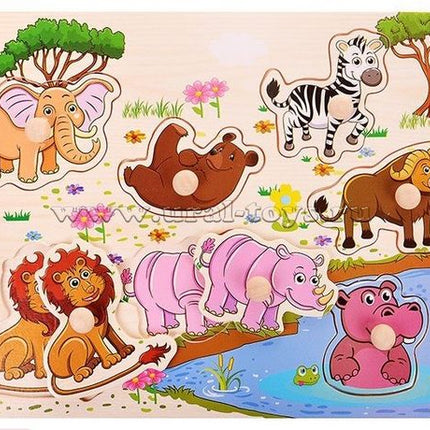 Extrokids Wooden Montessori Puzzle Hand Grab Board With Cartoon Animals Set 3 - EK1735