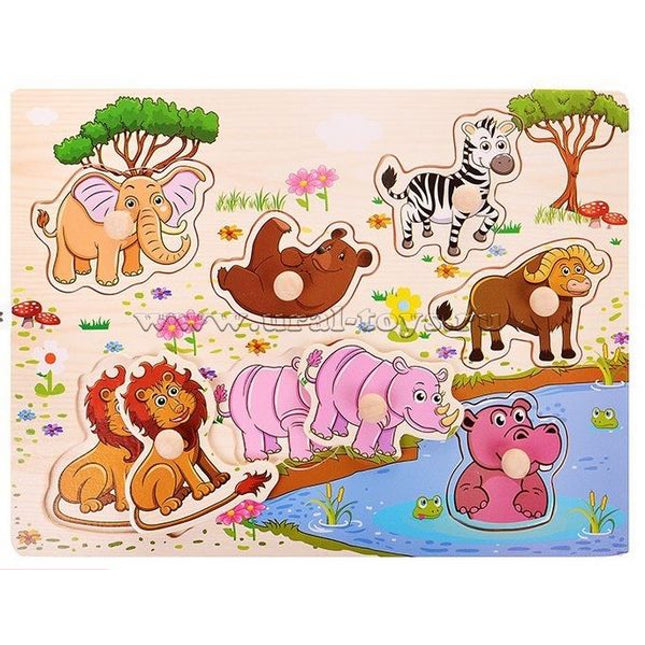 Extrokids Wooden Montessori Puzzle Hand Grab Board With Cartoon Animals Set 3 - EK1735