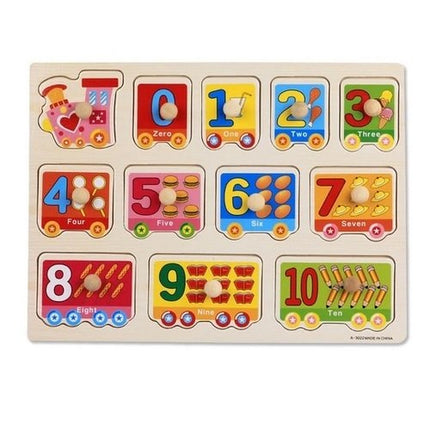 Extrokids Wooden Montessori Puzzle Hand Grab Board With Cartoon 10 Numbers with Train design - EK1739