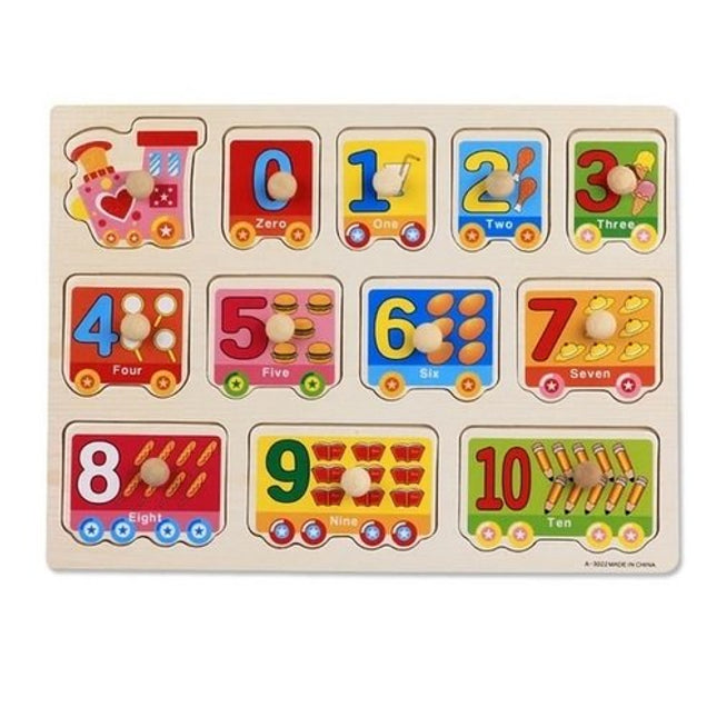 Extrokids Wooden Montessori Puzzle Hand Grab Board With Cartoon 10 Numbers with Train design - EK1739