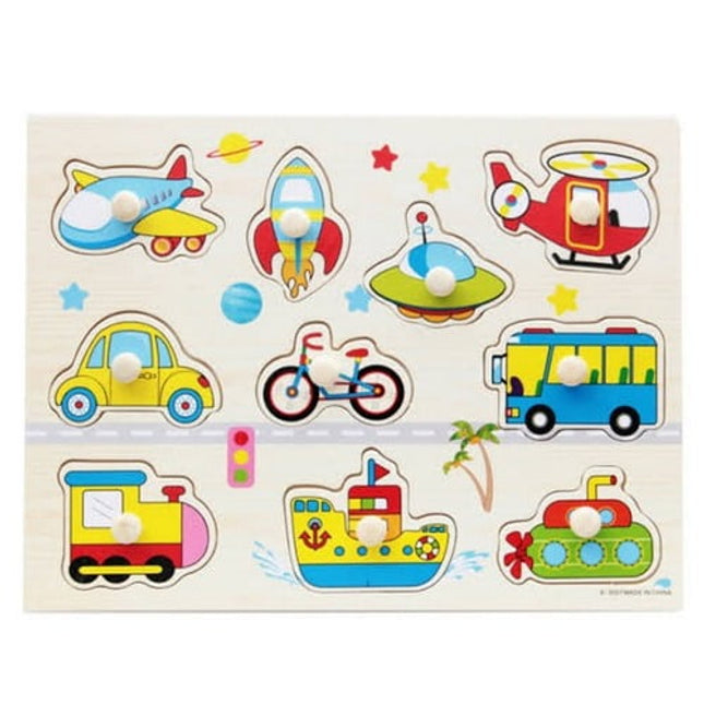 Extrokids Wooden Montessori Puzzle Hand Grab Board With Cartoon Transport Vehicle - EK1741