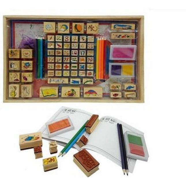 Extrokids Wooden Early Learning Stamp Art Toy with 26 Number and Picture Stamp, Storage Box and Washable Inks for Kids (Multicolor) - EKR0002