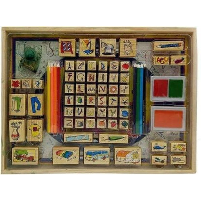 Extrokids Wooden Educational Digital Stamp Art Toy with 26 Numbers and Picture Stamp, Storage Box, Pencil Colours - EKR0003