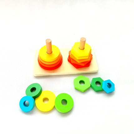 Extrokids Wooden Shape Sorter Puzzle Circle and Hexagon Stacker Toy - EKT1910