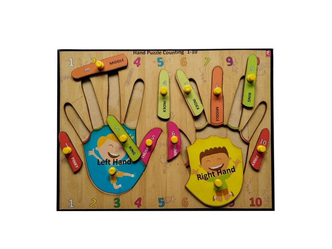 Wooden Hand Finger learning and counting Educational Knob Tray - EKW0095